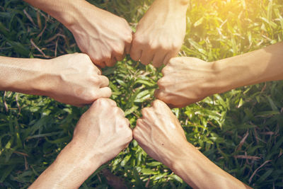 Cropped hands of friends giving fist bump over grassy field at park