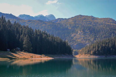 Scenic view of lake by mountains against sky