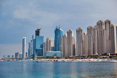 Dubai, uae, november 2019 beautiful view of dubai marina from blue waters island, travel