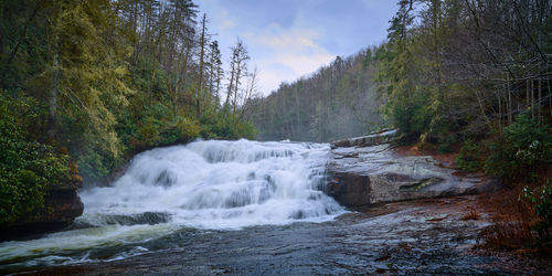 Scenic view of waterfall in forest against sky