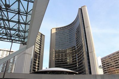 Low angle view of modern buildings against sky