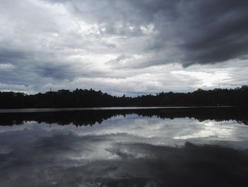 Scenic view of calm lake against cloudy sky