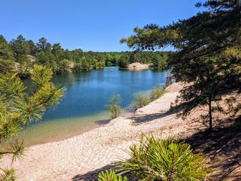 Scenic view of lake against clear blue sky