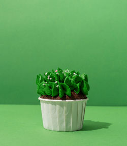 Close-up of cupcakes on table against green background