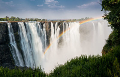 Scenic view of waterfall against sky