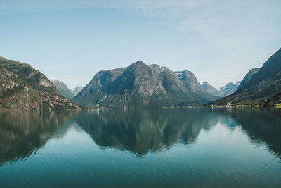 Scenic view of lake and mountains against sky