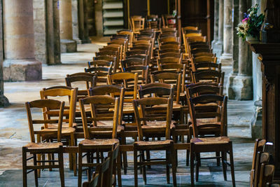 Empty chairs and tables in temple