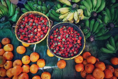 High angle view of various fruits in market for sale