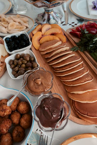 High angle view of breakfast on table
