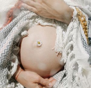 High angle view of woman with hands