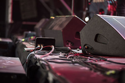 Close-up of speakers and equipment on stage