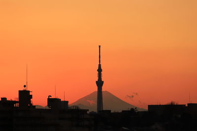 Silhouette of buildings against orange sky