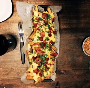 High angle view of food served on table