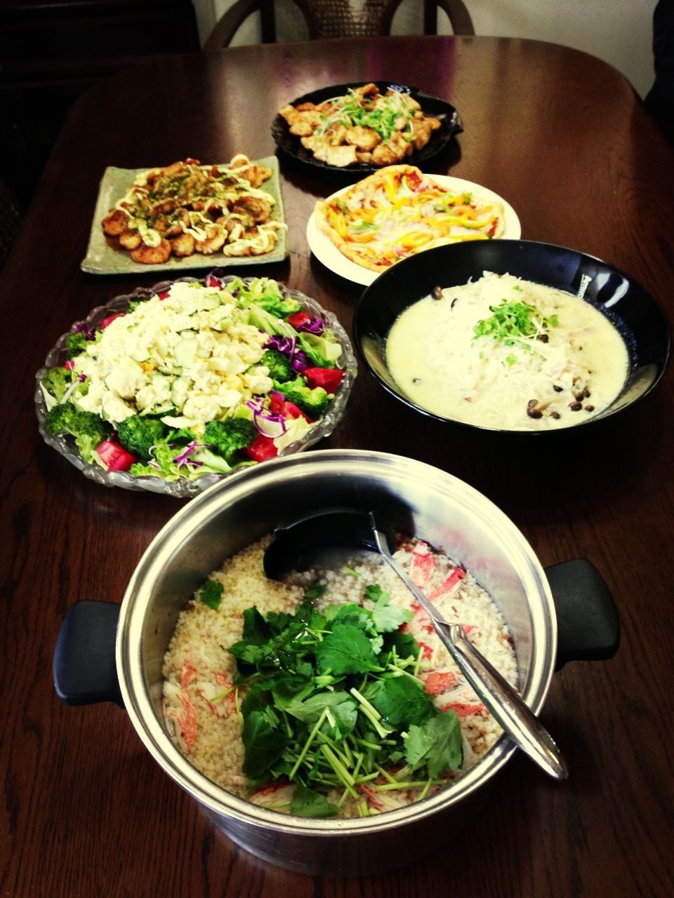 indoors, food and drink, freshness, food, table, healthy eating, plate, ready-to-eat, salad, vegetable, still life, high angle view, bowl, meal, directly above, serving size, served, variation, close-up, no people