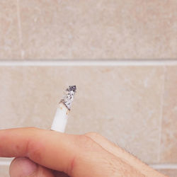 Cropped fingers holding cigarette against wall