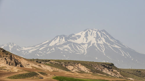 Scenic view of snowcapped mountains against clear sky