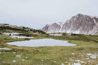 Scenic view of lake and rocks against sky