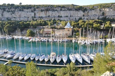 High angle view of boats moored at lake