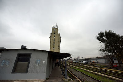 Railroad tracks amidst buildings against sky