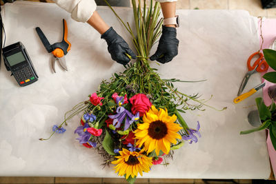 High angle view of objects on table