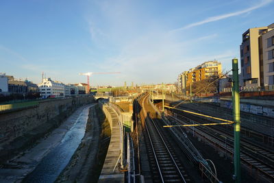 Railroad tracks amidst buildings in city against sky