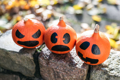 Scary halloween pumpkins on a brick fence in the suburbs against the backdrop of autumn foliage.