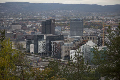 High angle view of buildings in city