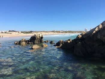 Scenic view of sea against clear blue sky