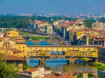 High angle view of bridge over river and buildings in city