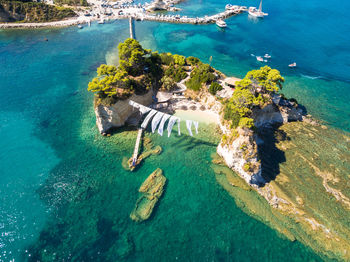 Aerial view of harbor at sea