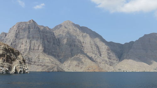 Sea with mountain range in background