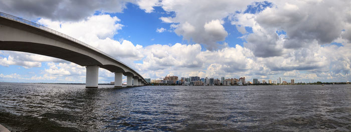 Bridge over river in city against sky