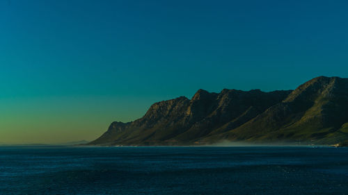 Scenic view of sea by mountain against clear blue sky