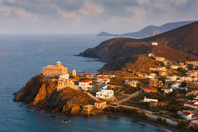 Morning view of psara village and agios nikolaos church.