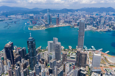 High angle view of modern buildings in city