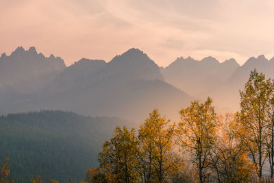 Scenic view of mountains against sky during sunset