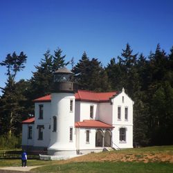 View of buildings against clear blue sky