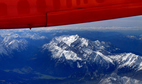 Aerial view of snowcapped mountains against sky