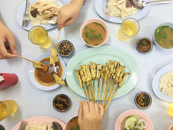 High angle view of people having food