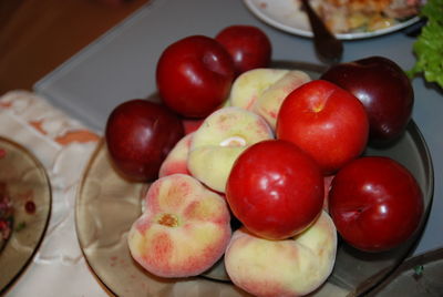 High angle view of apples in bowl on table