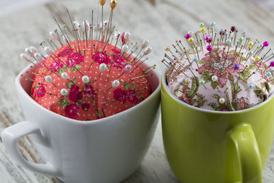 High angle view of various flowers in bowl on table
