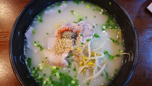 High angle view of soup in bowl on table