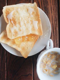 High angle view of breakfast served on table