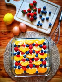 High angle view of various fruits in bowl on table