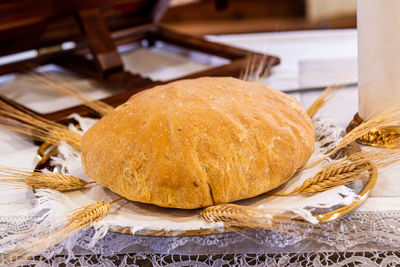 High angle view of bread in basket on table