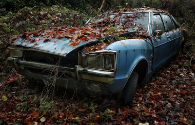 Abandoned car on field during autumn