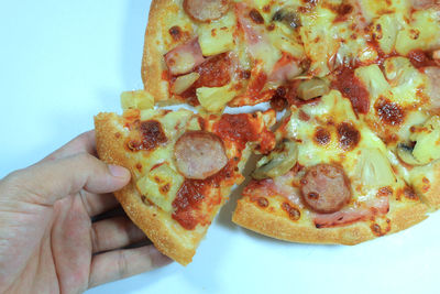 Close-up of hand holding pizza