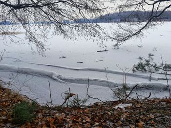 Scenic view of lake against sky during winter