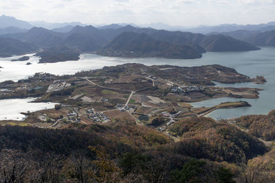 High angle view of lskr and mountains