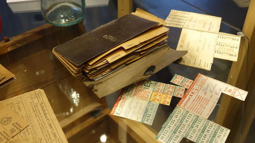 High angle view of books on table